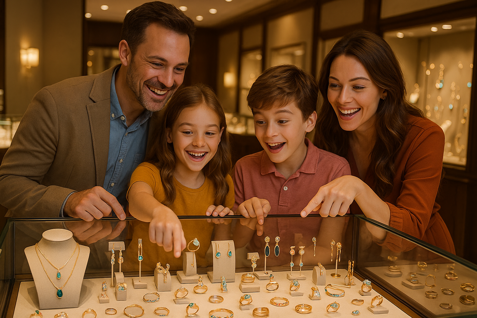 Una familia viendo todo tipo de joyas de alta calidad y juveniles 